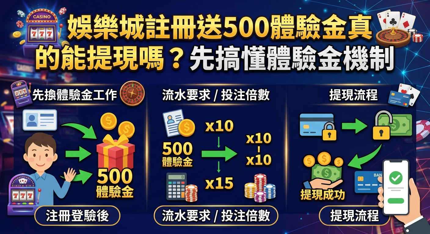 這張圖是以娛樂城體驗金為主題的說明圖，頂部標題探討註冊送500體驗金能否提現。 畫面下方分為三大單元，詳細展示從註冊領取、達成流水倍數要求到最終成功提現的完整機制流程。