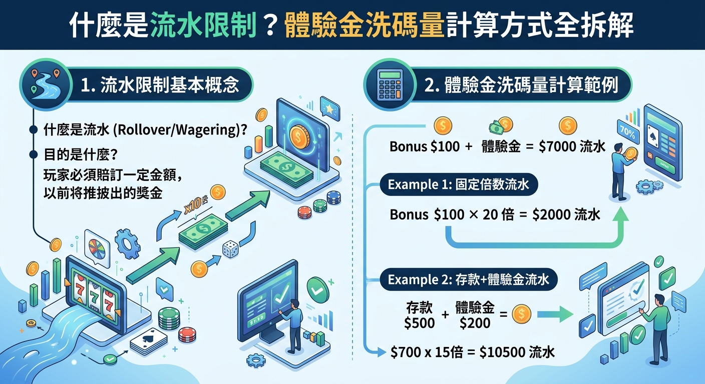 這張圖像是關於娛樂城體驗金洗碼量的教學懶人包，左側介紹流水限制的基本概念與目的，右側則以具體的數字公式拆解固定倍數與「存款+體驗金」的洗碼量計算方式。整體採用清晰的科技藍風格與向量插圖，直觀地展示玩家如何達到提款要求的完整流程。