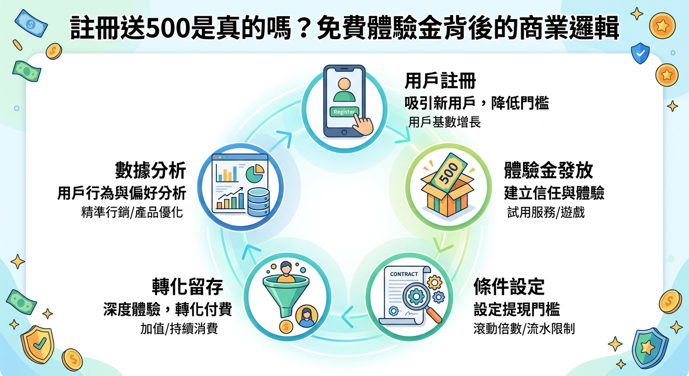 這張圖片採用現代扁平化設計,繪製了「註冊送500」體驗金背後的商業邏輯循環流程圖。 畫面上方印有標題「註冊送500是真的嗎?免費體驗金背後的商業邏輯」,並透過五個圖示展示從用戶註冊、體驗金發放到數據分析的轉化過程。