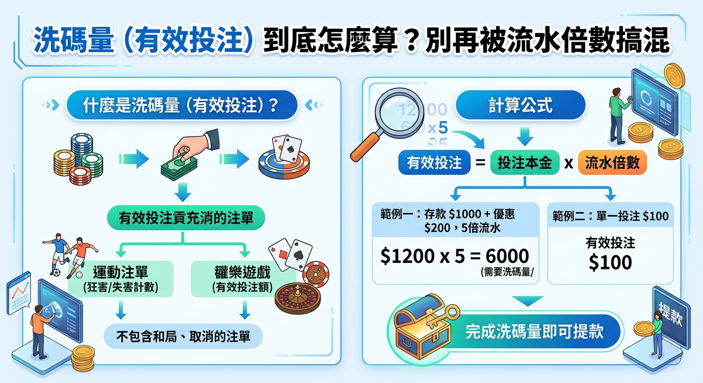 這張圖表說明了洗碼量(有效投注)的定義與計算公式,透過實例與清晰的流程圖解,幫助讀者快速掌握流水倍數的計算方式與提款條件。