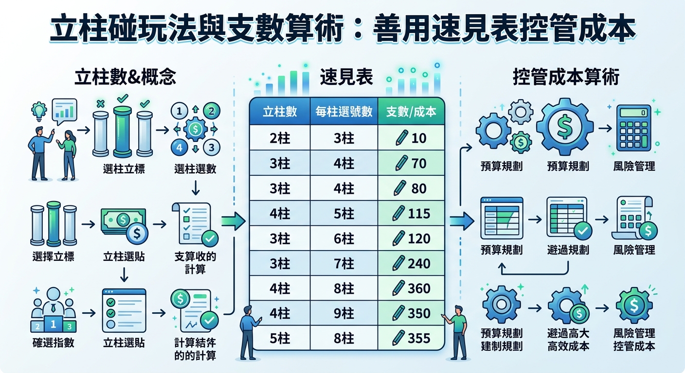 這張圖表說明了立柱碰的玩法機制與支數算術，並透過速見表幫助玩家精準控管投注成本。 畫面結合了概念流程圖、數據對照表與預算管理圖示，提供清晰易懂的策略規劃指南。