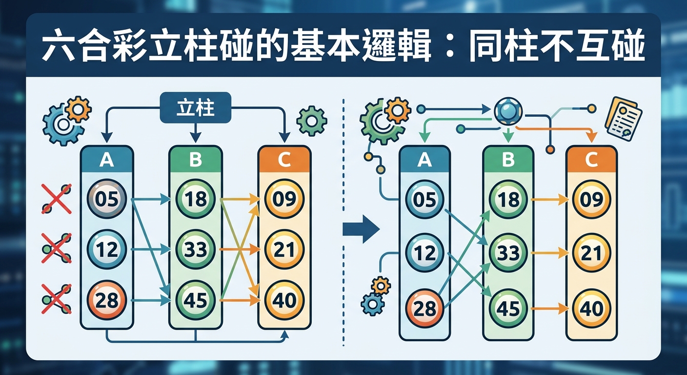 這張圖解以清晰的直立欄位(A、B、C柱)展示六合彩「立柱碰」的玩法邏輯,並運用交叉連線說明不同柱之間的號碼組合方式。 標題點出核心原則「同柱不互碰」,左側附有「X」記號明確標示同一欄內的號碼無法互相配對組合。