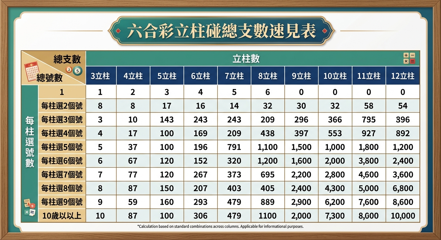 這張圖片是一個藍綠色風格的「六合彩立柱碰總支數速見表」,頂部設有清晰的中文標題與優雅裝飾框。 畫面主體為結構嚴謹的數據對照表格,搭配簡約圖示與下方的免責聲明,呈現專業且便於查閱的視覺設計。