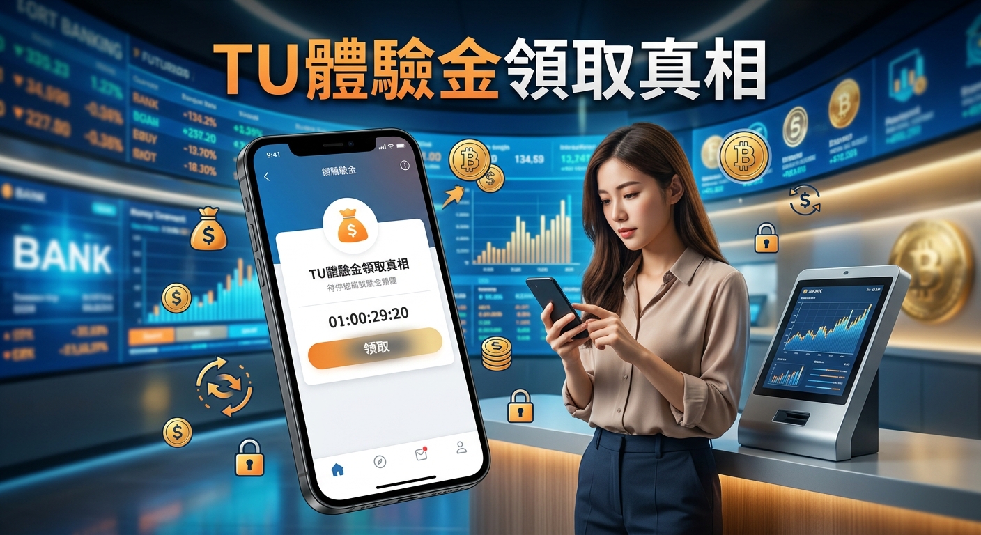 這張圖片以金融與數位科技為背景，展示一位女性正專注地使用手機進行線上操作。 畫面上方標有醒目的標題「TU體驗金領取真相」，並搭配金幣、解鎖圖示與數據圖表，營造出探索與分析的氛圍。