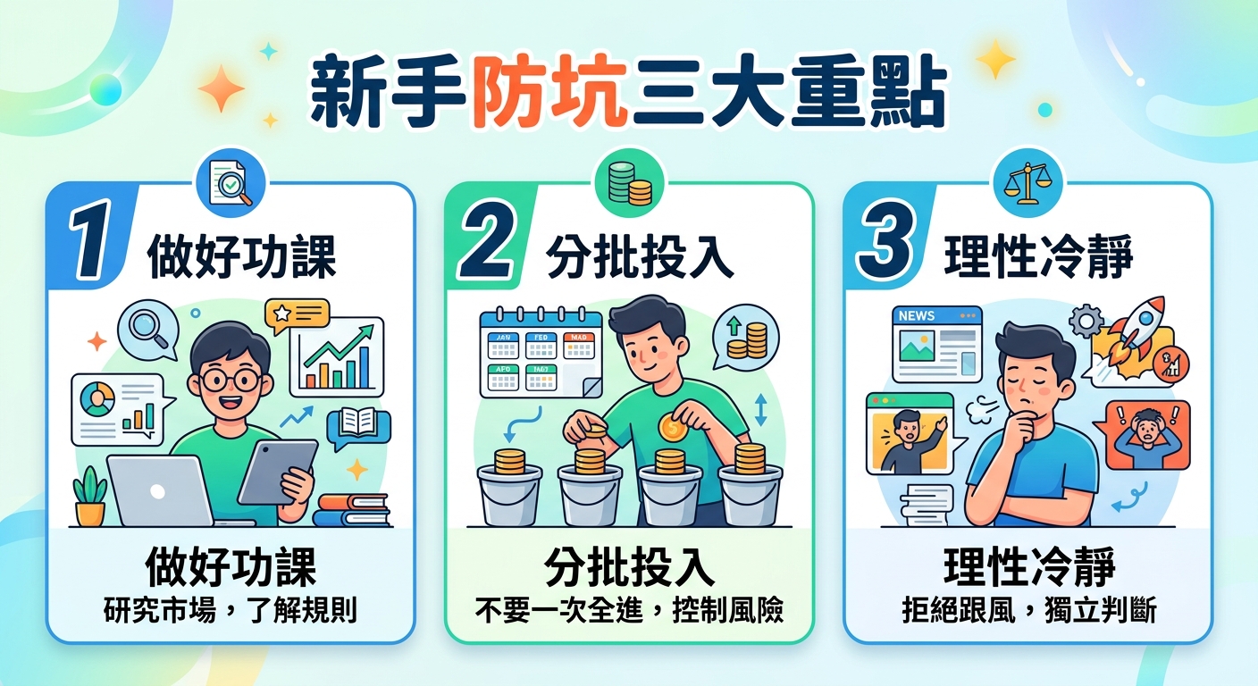 這張圖表以鮮明清晰的風格呈現「新手防坑三大重點」，分別包含「做好功課」、「分批投入」與「理性冷靜」。 畫面透過生動活潑的插圖與圖示，引導初學者學會研究市場、控制風險並保持獨立判斷。