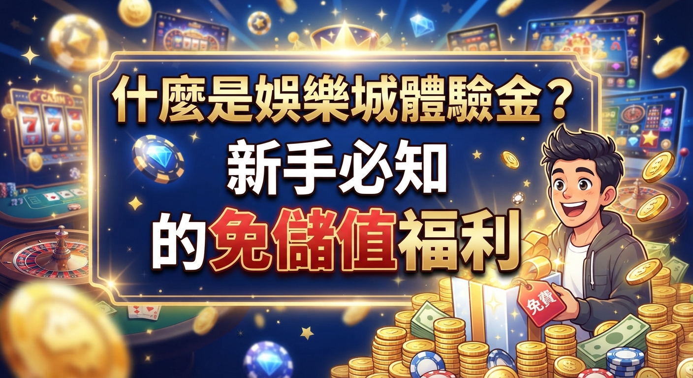 這是一張以「娛樂城體驗金」為主題的宣傳圖片，畫面中包含遊戲代幣、金幣以及持有免費標籤的微笑新手插圖。