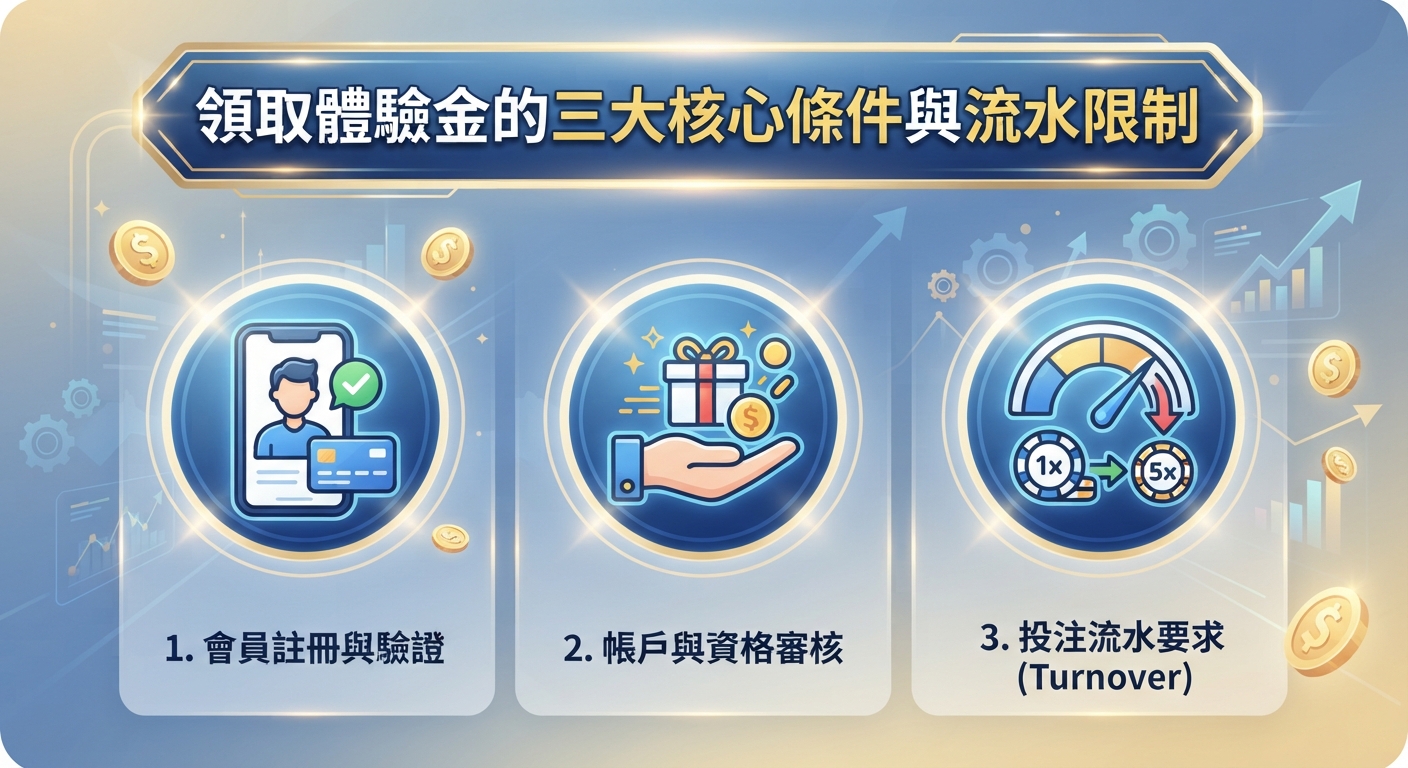 這張圖片展示了領取體驗金的三大核心條件與流水限制，包含了會員註冊與驗證、帳戶與資格審核，以及投注流水要求。