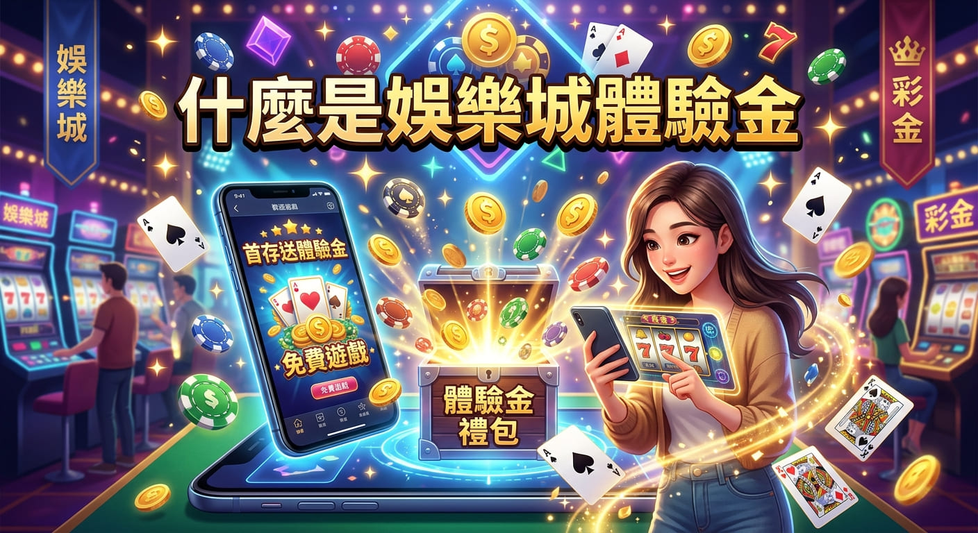 這張圖片呈現活潑的娛樂城主題,一名女子手持手機展示豐富的遊戲畫面,周圍環繞著發光的金幣、撲克牌與璀璨的彩金寶箱。 畫面上方標有醒目的繁體中文標題「什麼是娛樂城體驗金」,營造出充滿吸引力與趣味的數位博弈體驗氛圍。