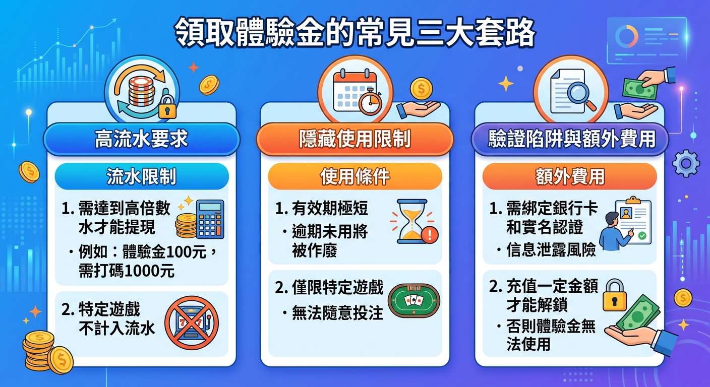 這張圖片包含一個藍色背景的繁體中文圖表,標題為「領求體驗金的常見三大套路」。 圖中分為三個板塊,分別詳細說明了流水限制、使用條件以及額外費用等相關資訊與注意事項。