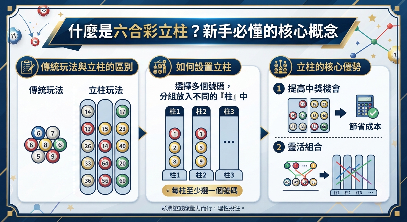 這是一張介紹六合彩立柱核心概念的圖表。 內容包含了傳統玩法與立柱的區別、如何設置立柱以及立柱的核心優勢。